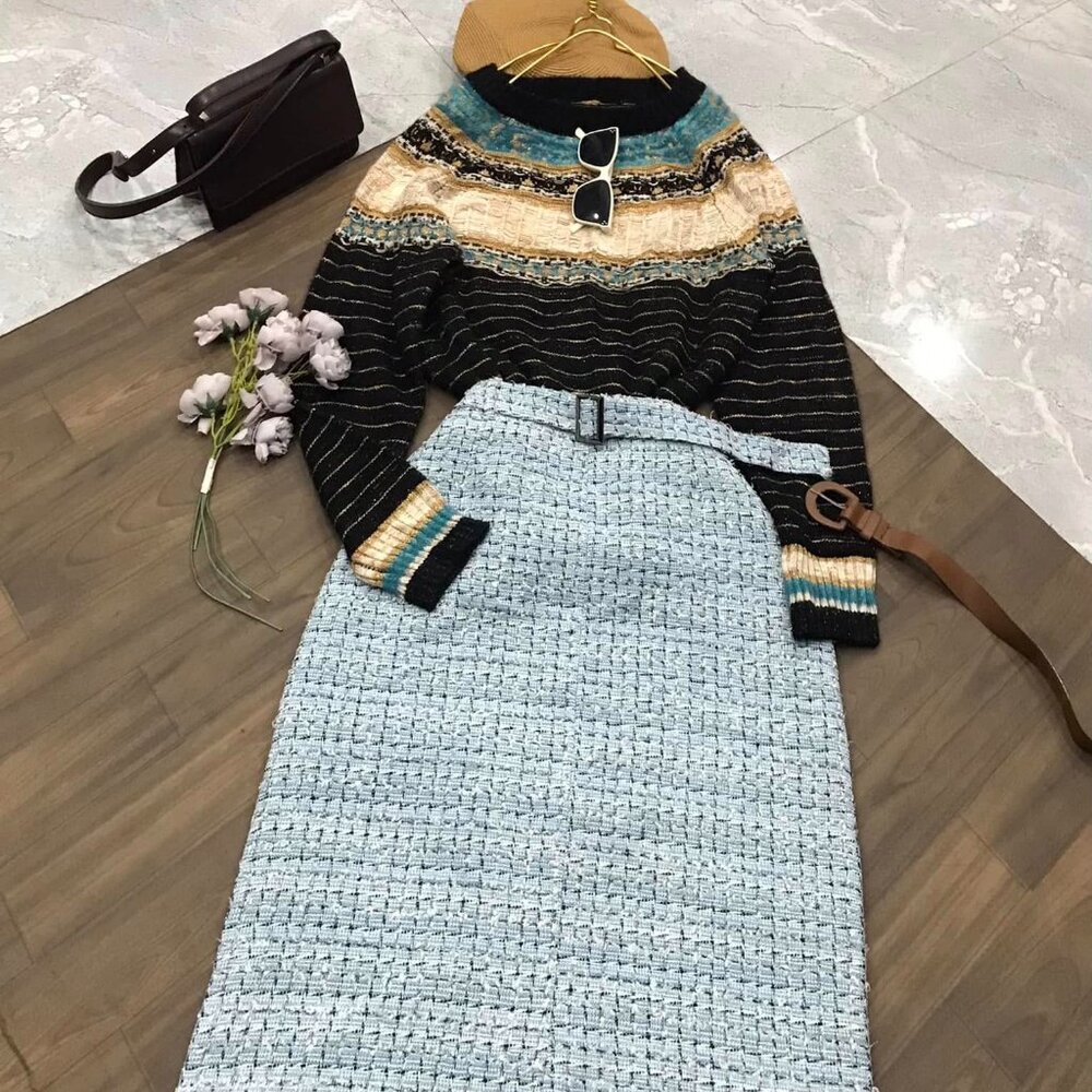 Sky Blue Tweed Midi Skirt Set + Colorblock Stripe Knit Sweater 2-Piece Outfit 💙